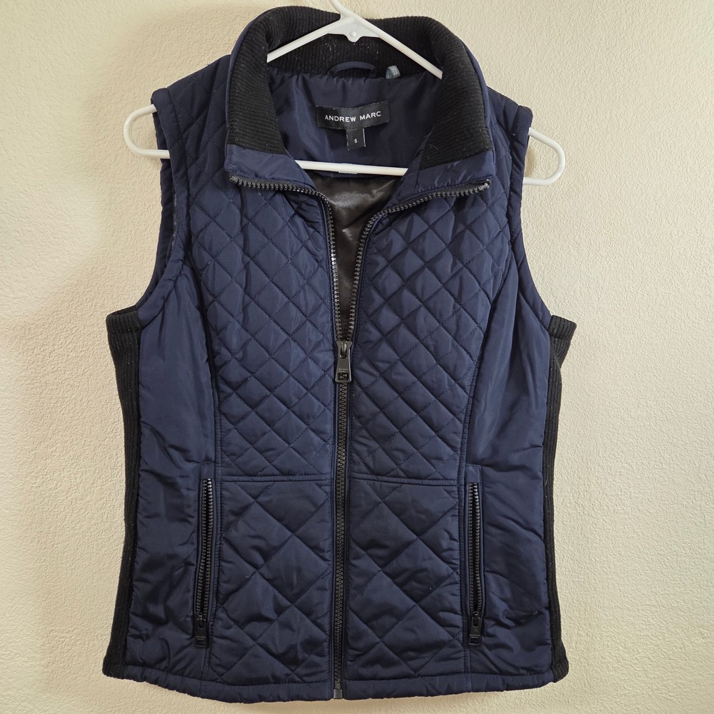 Andrew Marc Womens Navy Blue Quilted Puffer Vest Mock Neck Ribbed Trim Small
